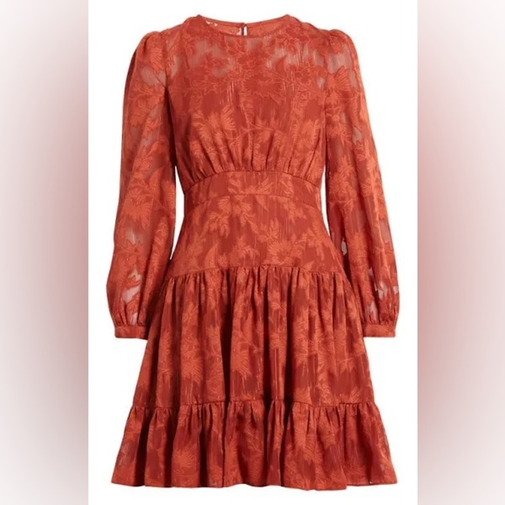 Eliza J Metallic Stripe Floral Jacquard Long Sleeve Chiffon Dress